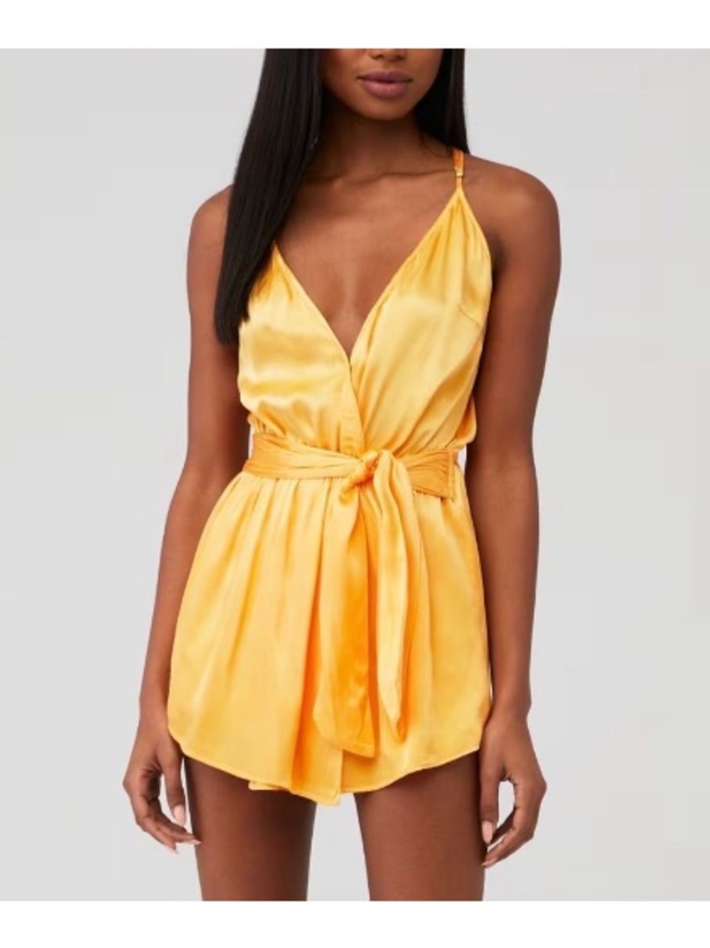 Rays for Days Revolve Avery Romper Yellow Satin Golden Satin Tie-Waist Romper
